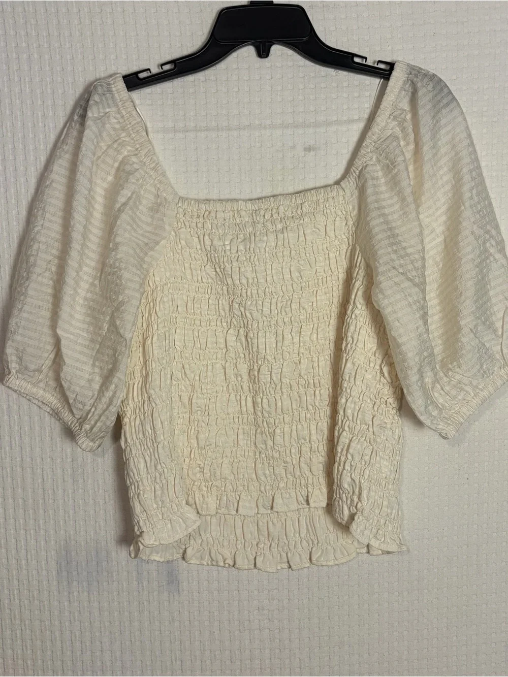 Old Navy Puff Sleeve Fitted Smocked Top Ivory Boho Casual Women’s Size L NEW